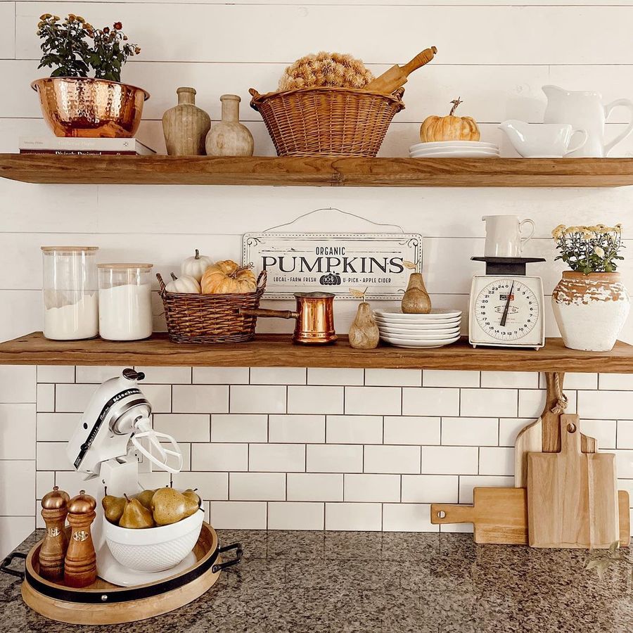 Fall open kitchen shelving decor kailyn_cash