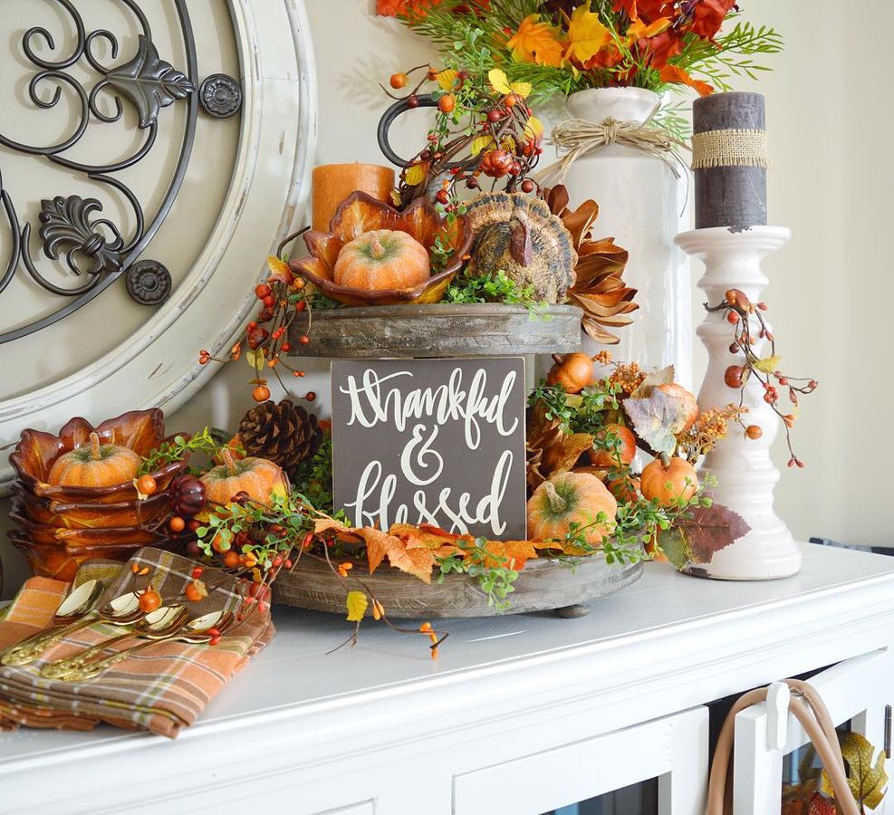 Fall tiered tray on Buffet dining room decor dining_delight