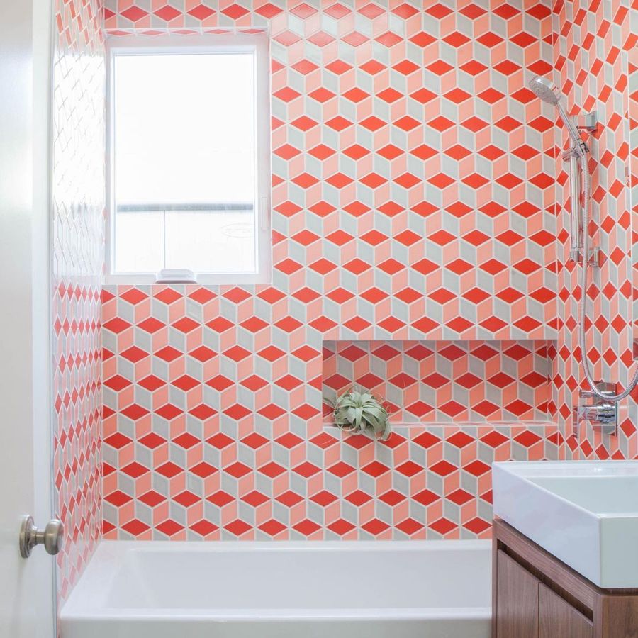 Mid-Century Modern Tile Ideas Red Cubic Shower Tiles via @destinationeichler