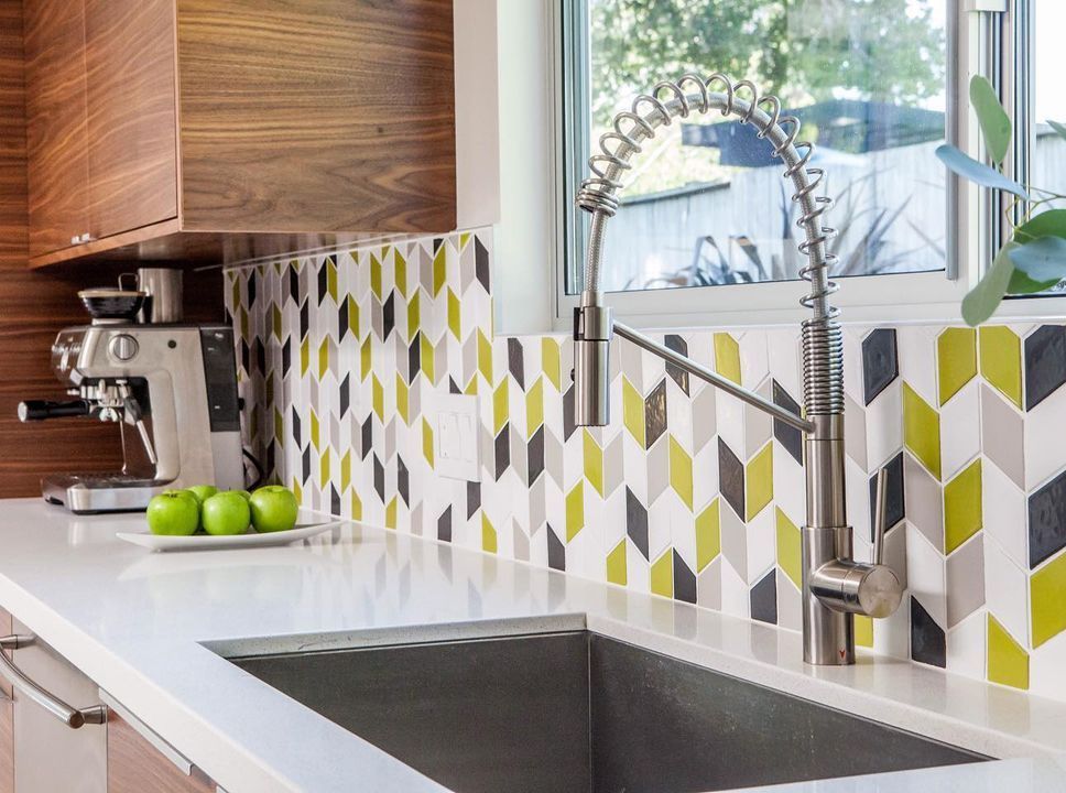 Mid-Century Modern Tile Ideas Yellow-Green and Gray Cubic Backsplash Tile via @destinationeichler