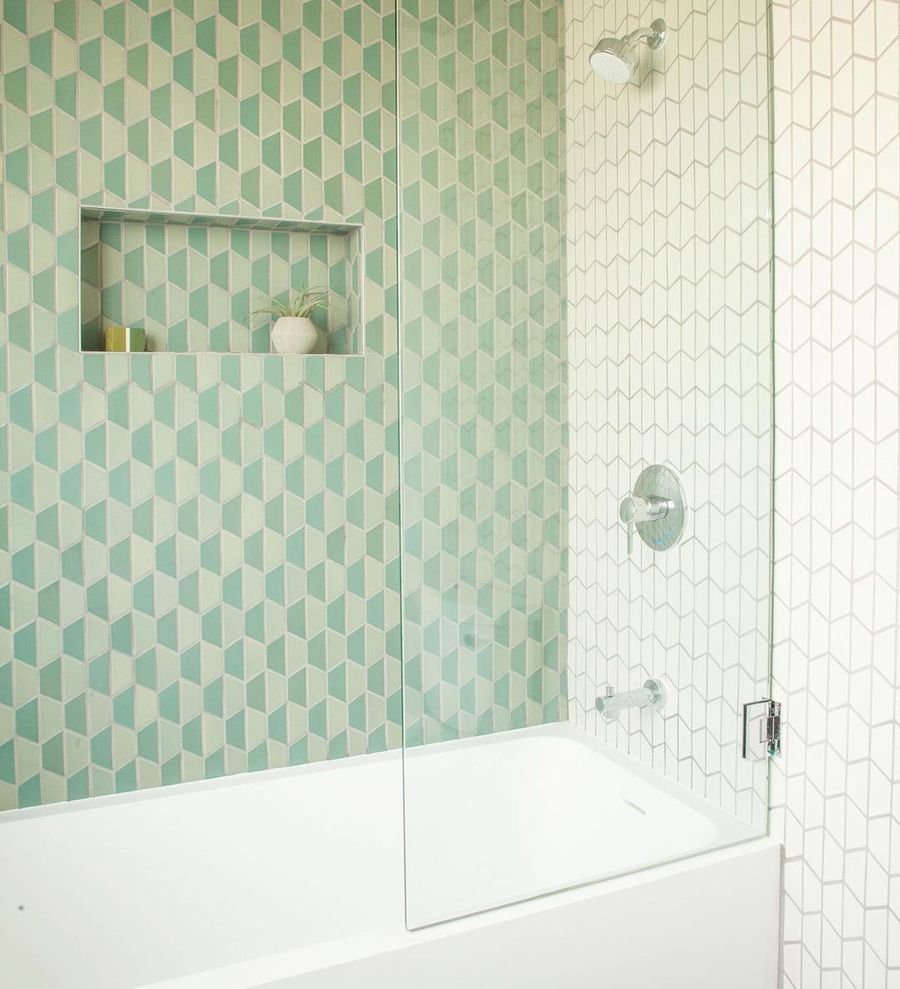 Mid-Century Modern Tile Ideas in Bathroom with Two-toned Green Hexagon Tiles via @destinationeichler