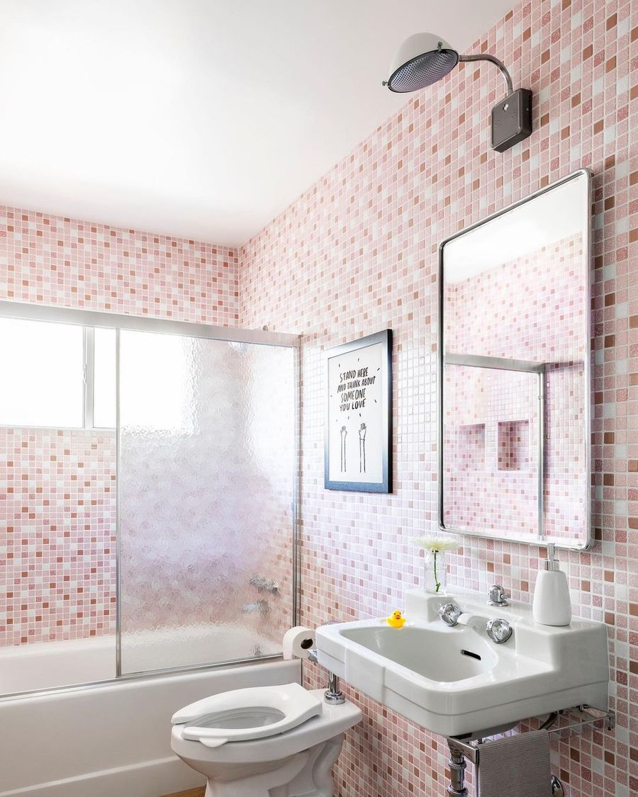Mid-Century Modern Tile Ideas with Small Pink Cubic Tile Bathroom via @destinationeichler