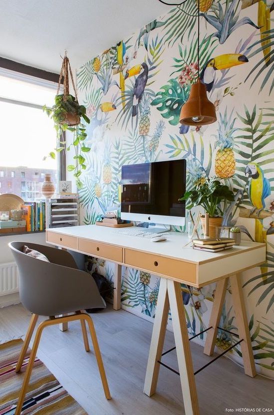 Tropical Home office Bright colored wallpaper gray scandi office chair wood desk