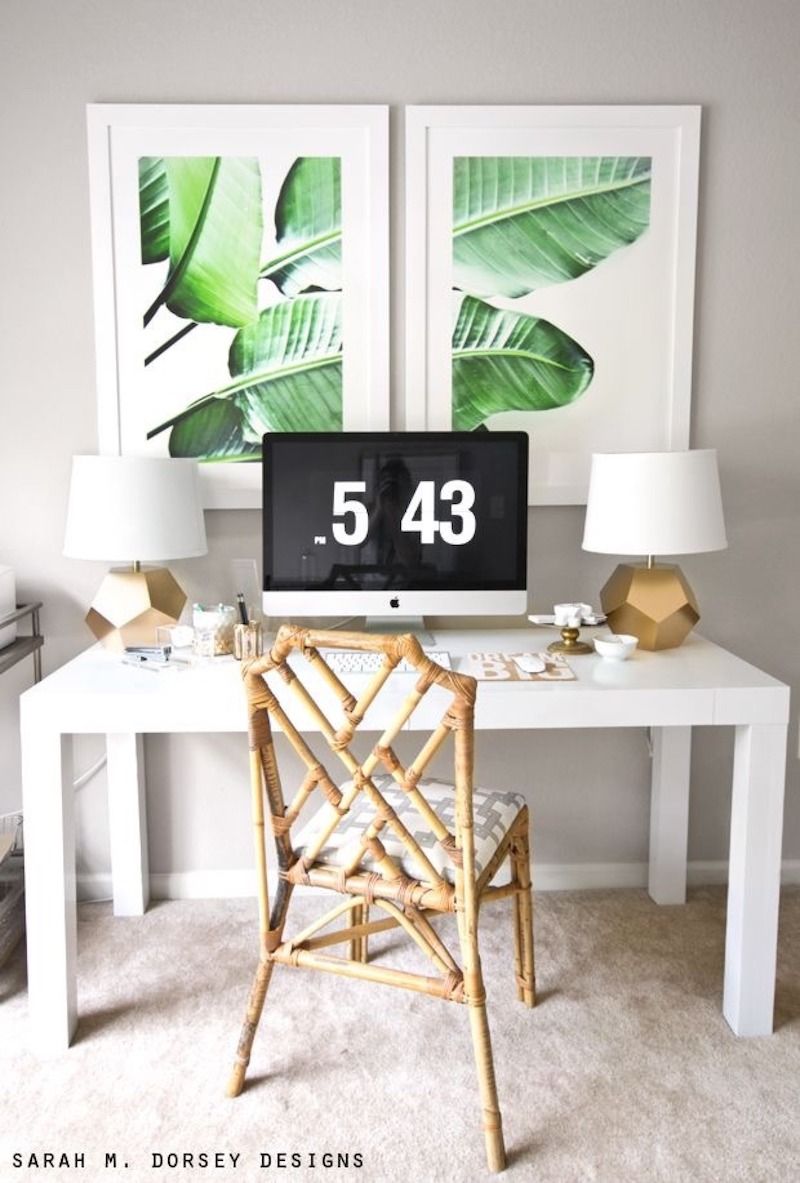Tropical Office with Rattan chair and Banana Leaf Prints via Sarah M. Dorsey Designs