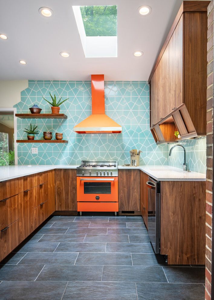 Turquoise Mid-century modern kitchen backsplash tile via Kelly Ann Photography