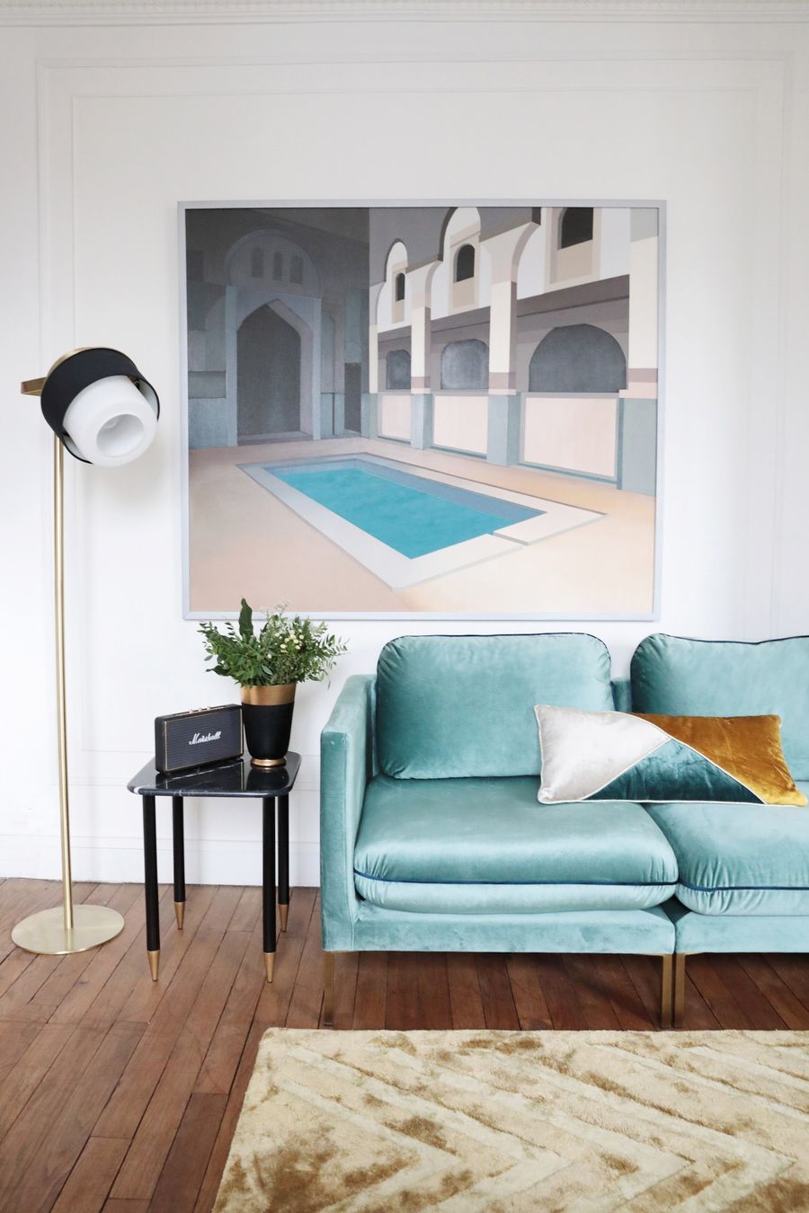 Turquoise velvet sofa via Hello-Hello Camille Omerin