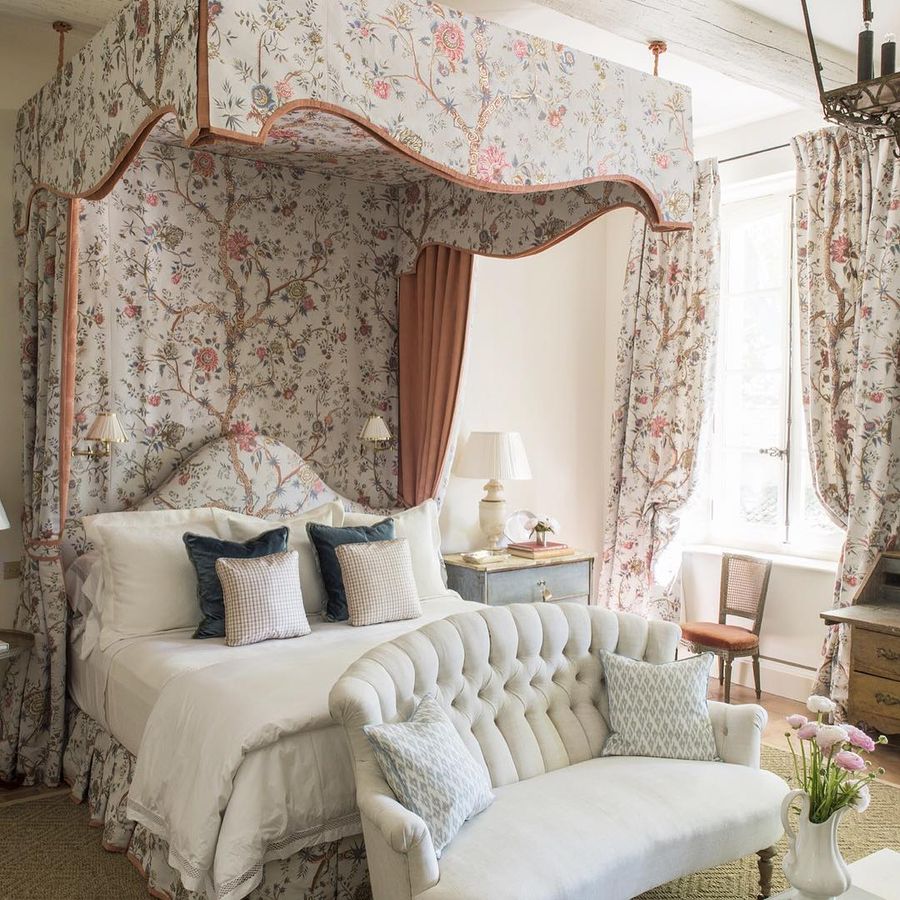 French Country Canopy Bed with Rectangular Upholstered Canopy via @provencepoiriers