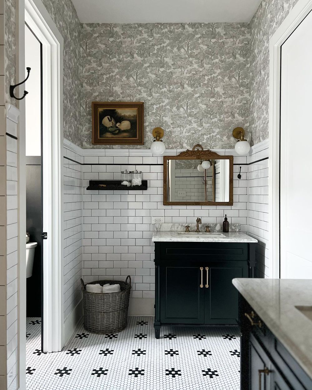 Traditional bathroom design black vanity thelinenrabbit