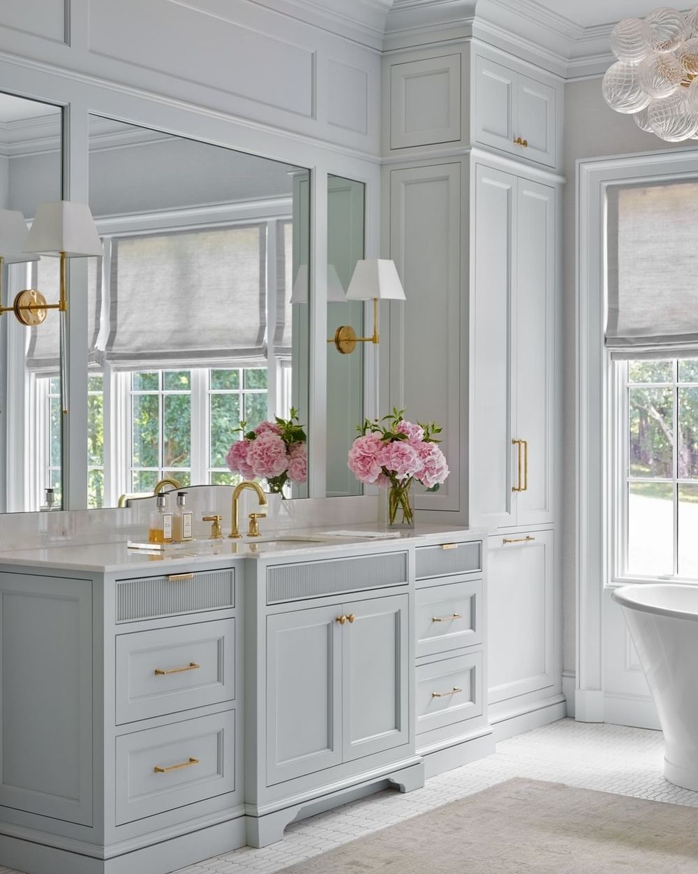 Traditional bathroom vanity baby blue cabinets and brass sconces kingdomwoodworks