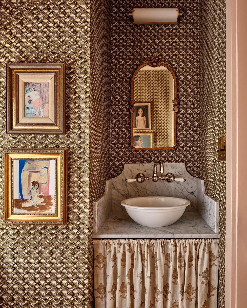 Traditional bathrooms skirted sink floral wallpaper katierosenfeld