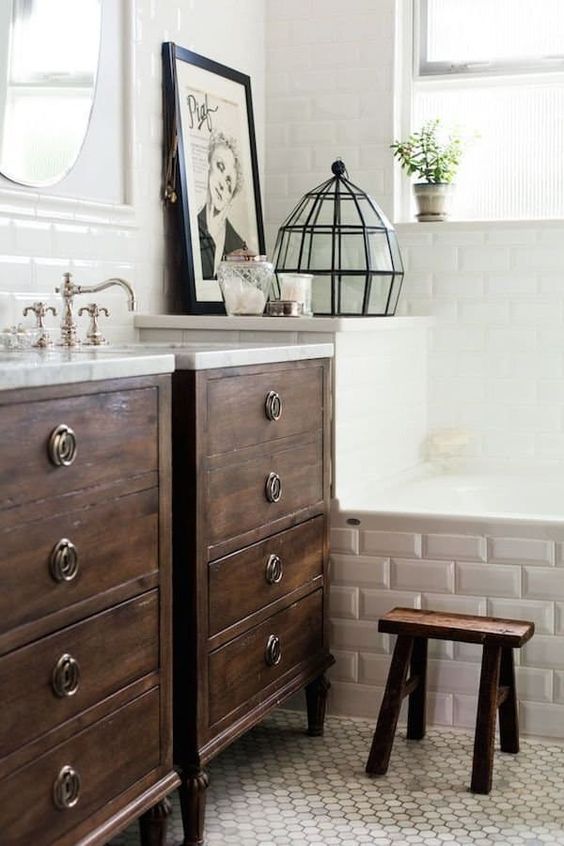 Vintage Bathroom with Wood Cabinet Vanity