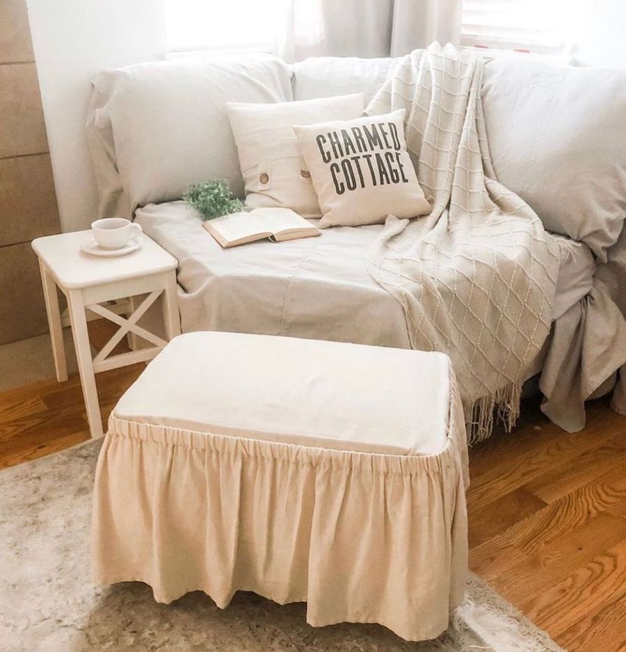 Farmhouse Reading Nook with Cottage Slipcovered Chair and Stool via @my.charmed.cottage
