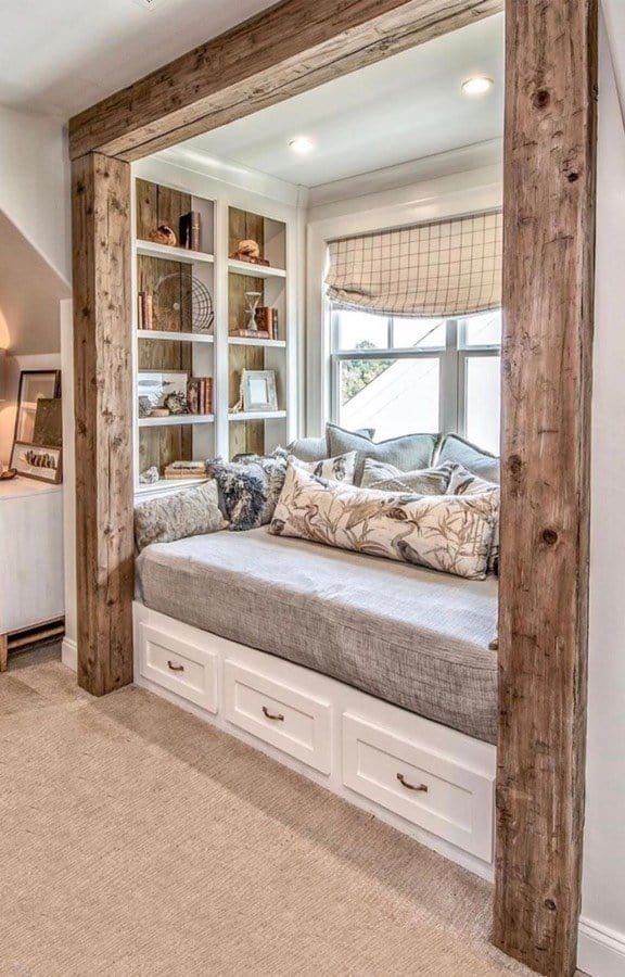 Farmhouse Reading Nook with Rustic Wood Frame via Riverside Design