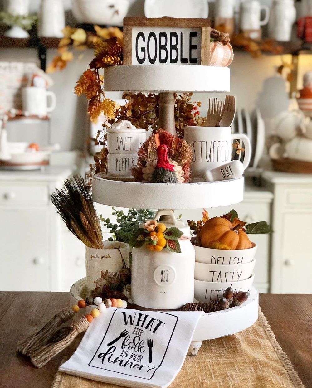 Farmhouse Thanksgiving Decor Tiered Tray via @familyshiplapanddunn