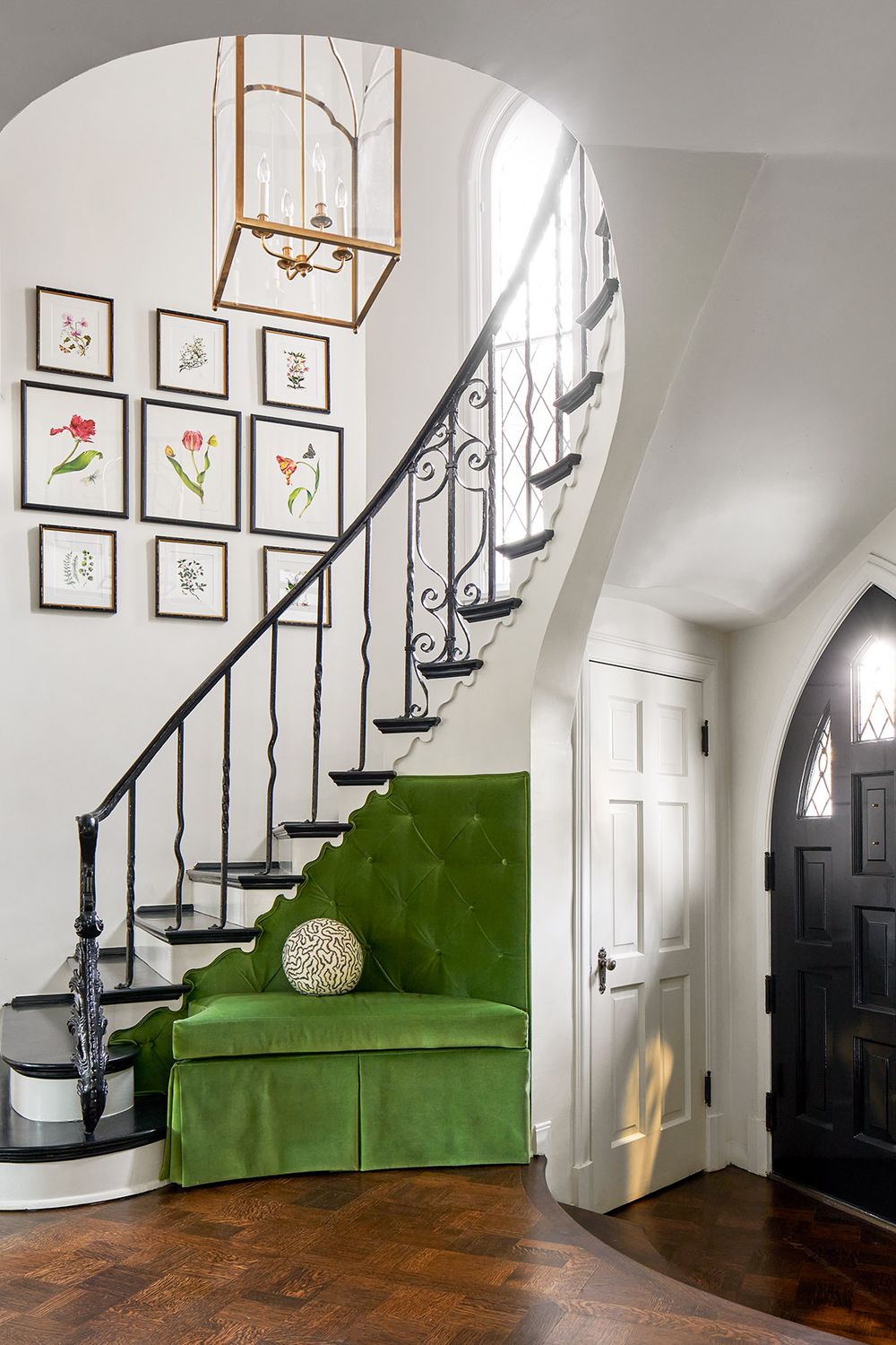 French staircase with velvet tufted seat