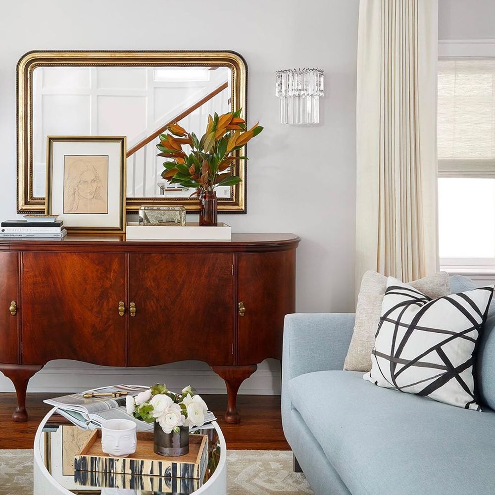 Neo-Traditional Living Room Antique Gold Mirror via @centered_by_design