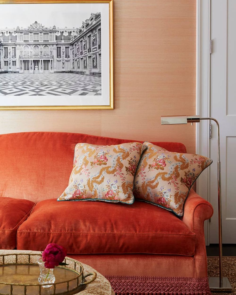 Neo-Traditional Living Room Bright Orange Sofa summerthorntondesign