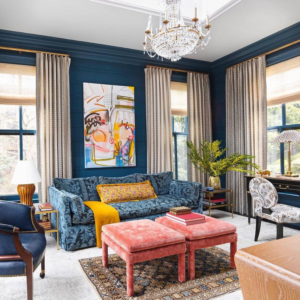 Neo-Traditional Living Room Teal blue walls summerthorntondesign