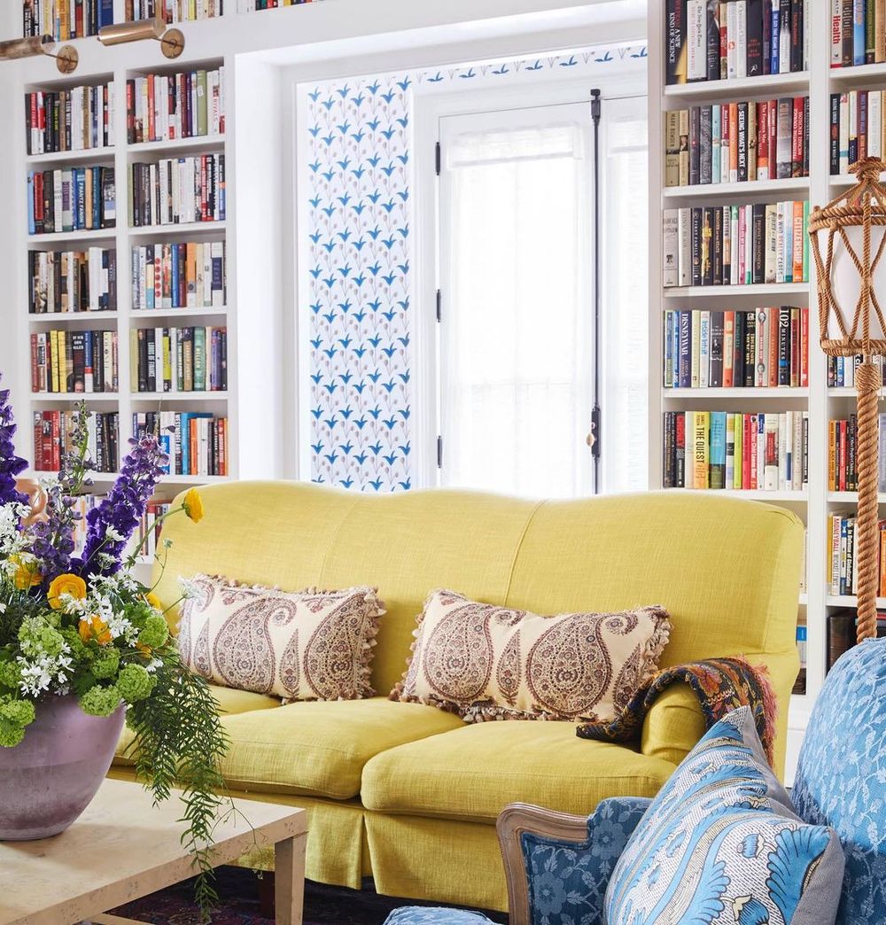 Neo-Traditional Living Room Yellow sofa Floor to Ceiling Bookshelves summerthorntondesign
