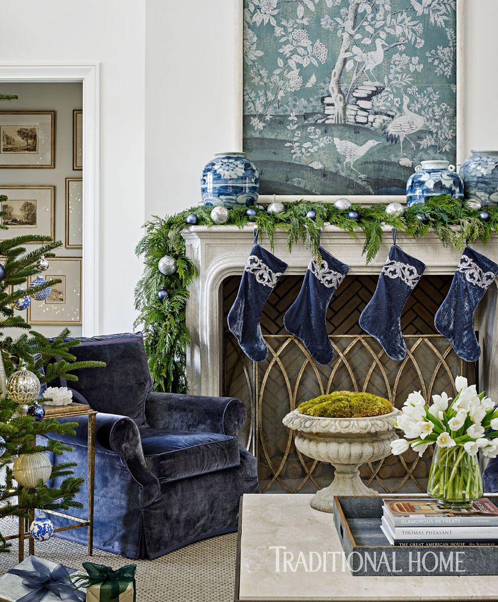 Blue Velvet Christmas Stockings Decor via traditionalhome