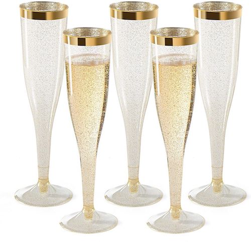 Plastic Champagne Flutes Glitter with a Gold Rim