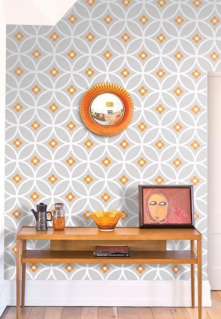 Mid-Century Modern Console Table with orange Geometric Wallpaper