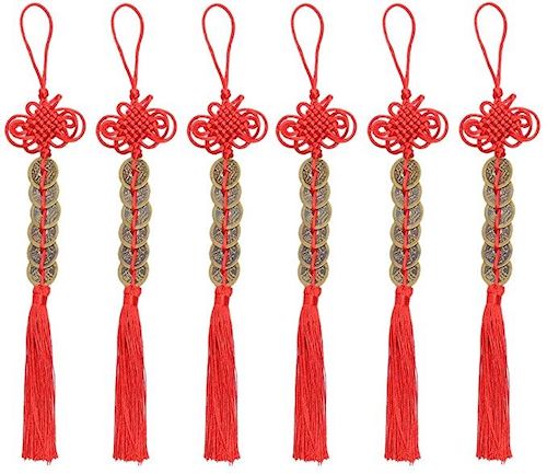 I-Ching Feng Shui Coins with Red Chinese Knot String Vintage Lucky Coin