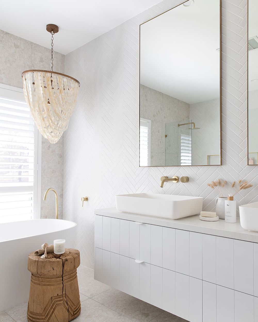 Modern Coastal Capiz chandelier bathroom design the_coastalbarndream