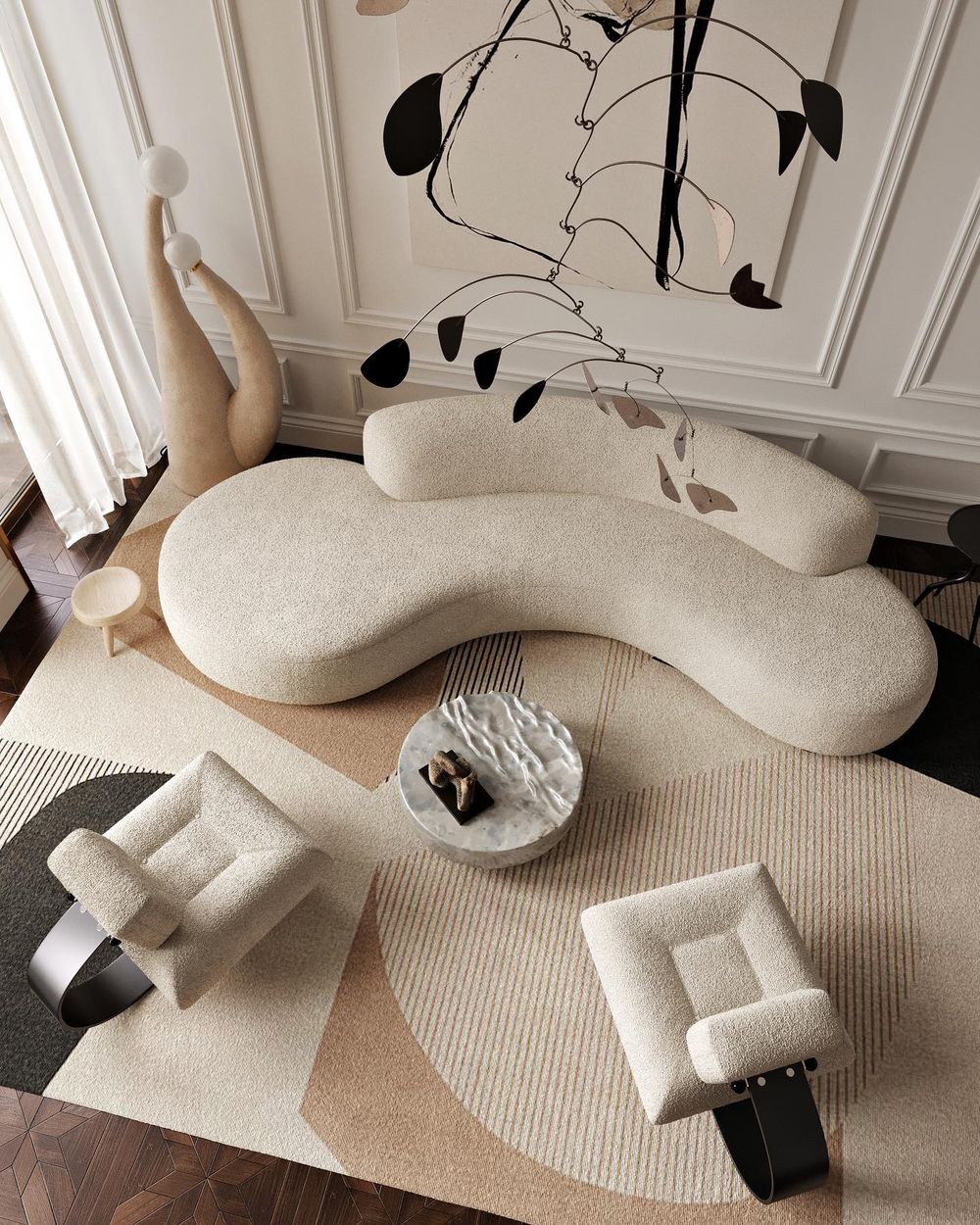 Beige living room design round sofa