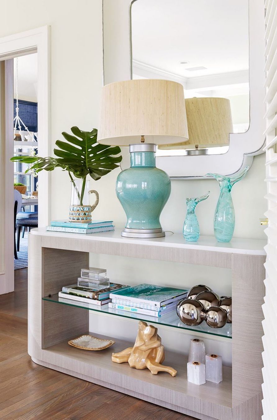 Coastal Shelving Decor on Modern Gray Console Table Styling via @digsdesignco