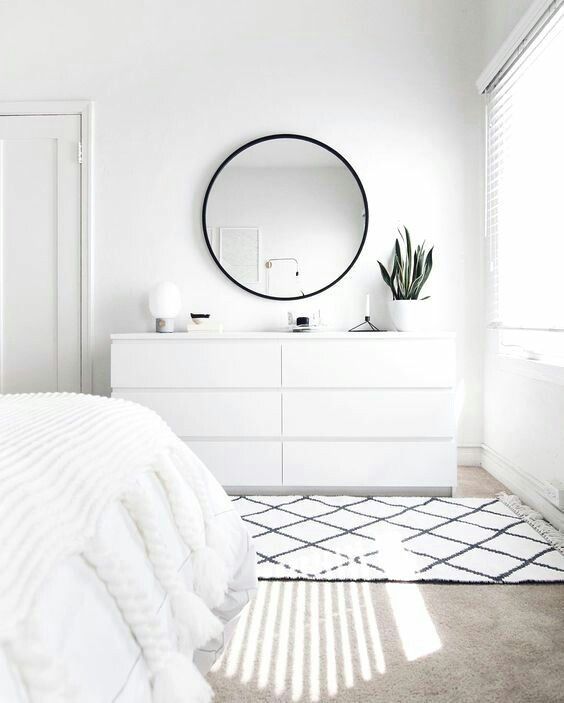 Minimalist Bedroom with simple white dresser via Homey oh My