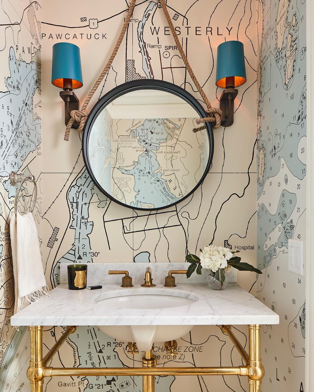 Nautical bathroom decor ideas navigational maps wallpaper via jennywolfinteriors