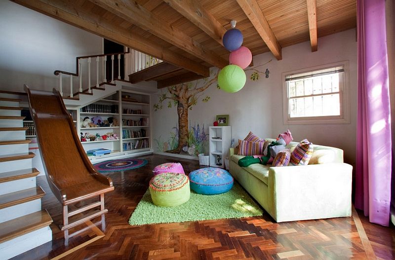 Basement ideas Kids Play room slide via Erika Winters Design