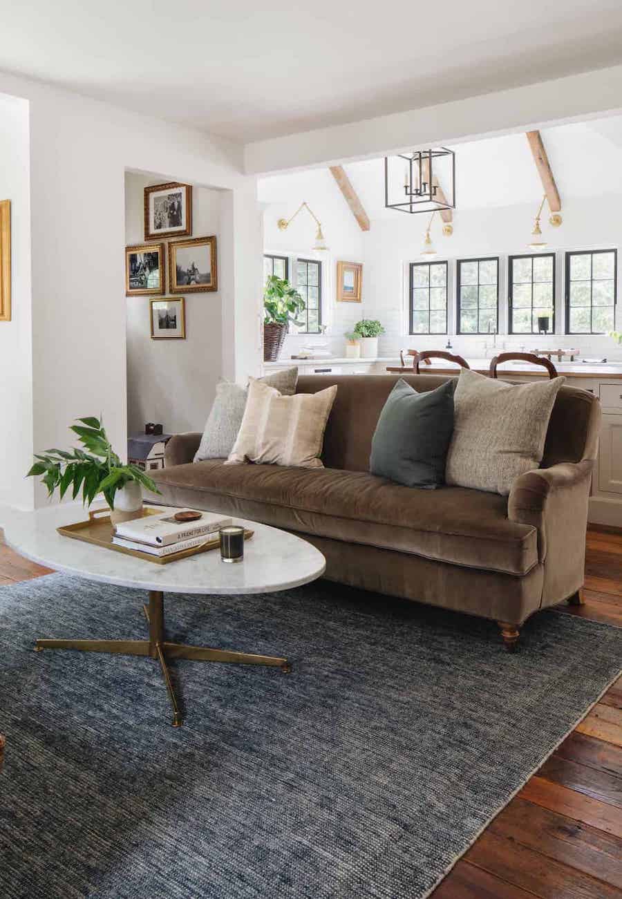 Brown English roll arm sofa living room decor Jean Stoffer Design