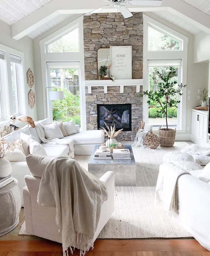 Country living room with stone fireplace remarkablemoderncottage