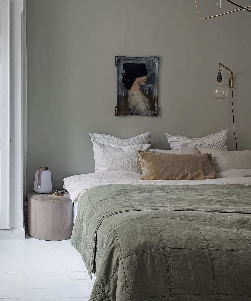 Grey kitchen cabinets against sage green walls in an attic apartment - COCO  LAPINE DESIGNCOCO LAPINE DESIGN