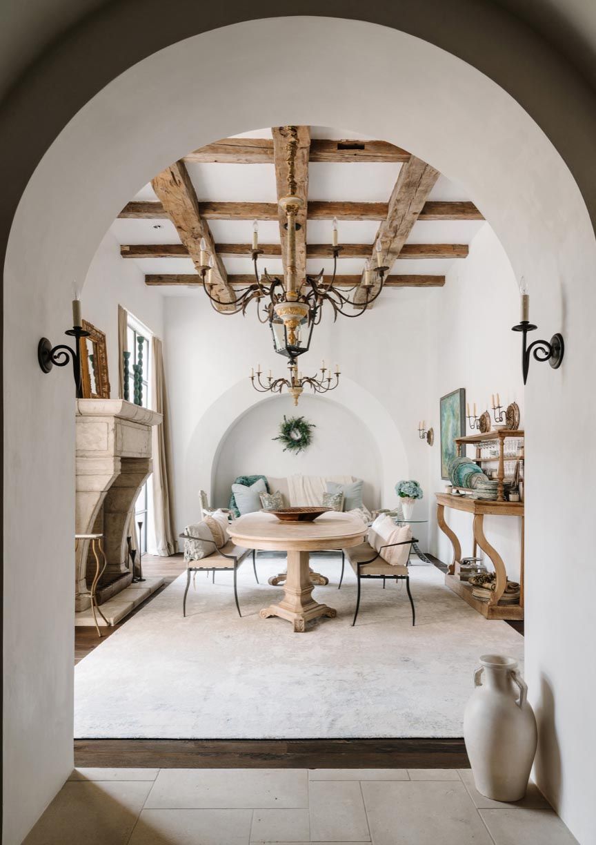 Spanish dining room interior design stone fireplace haciendadreams