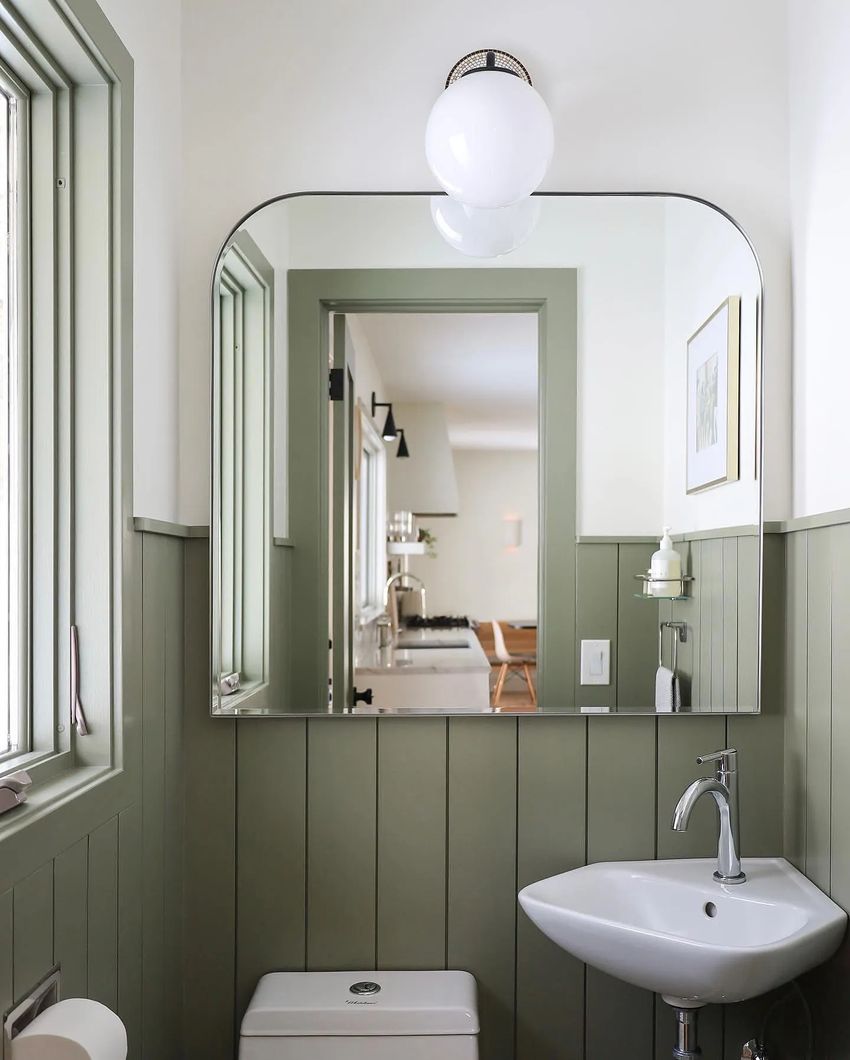 Green bathroom design Green wall paneling @mallory.lunke