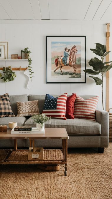 Modern farmhouse living room 4th of july americana pillows concept