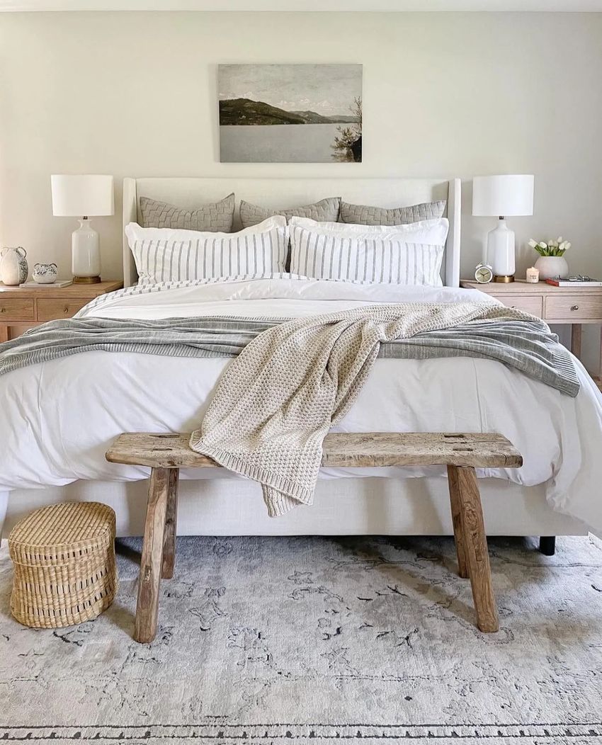 Beach bedroom straw storage baskets rustic bench @sherricalnanhome