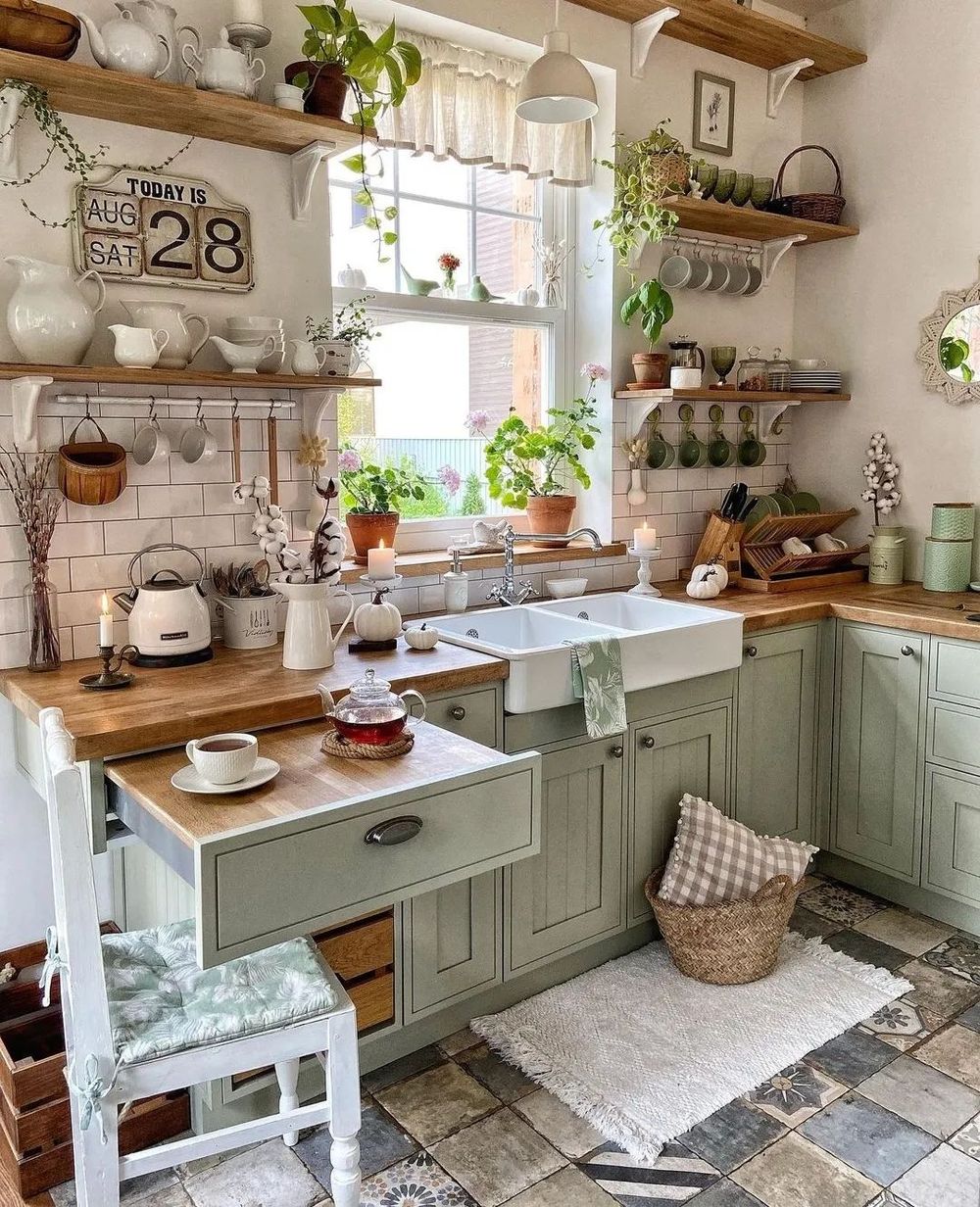 Cottage kitchen decor Sage Green cabinets @merry_gardens