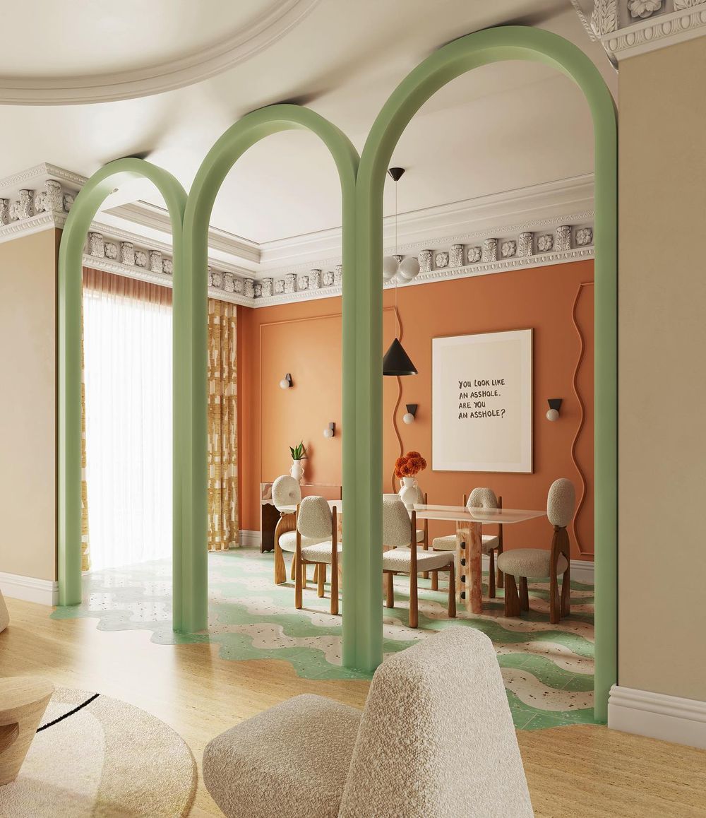 Green arches room dividers between living and dining Gulmen Interiors