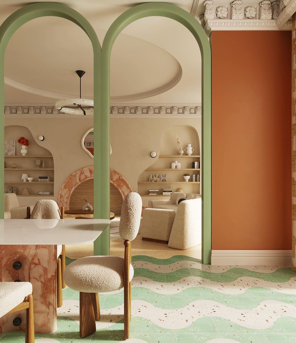 Green wavy floor tile dining room Gulmen Interiors