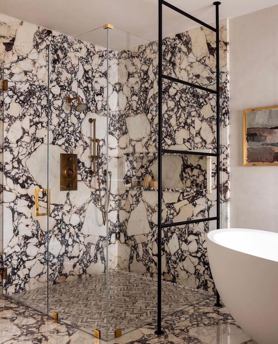 Carrara Marble shower ideas Janette Mallory Interiors