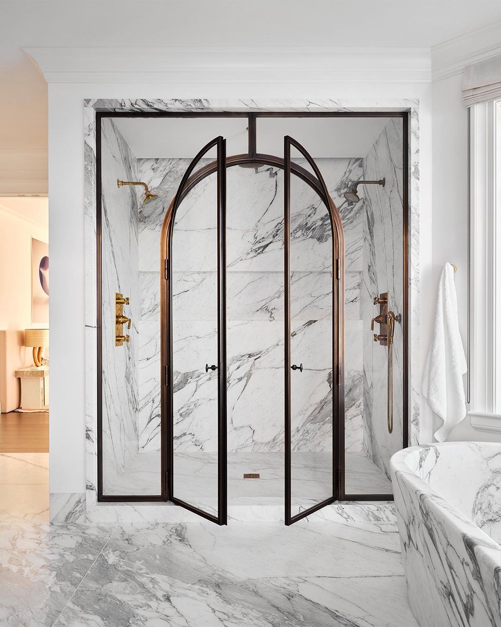 Marble shower ideas bronze enclosure Arabescato Corchia marble via nicolehollissf