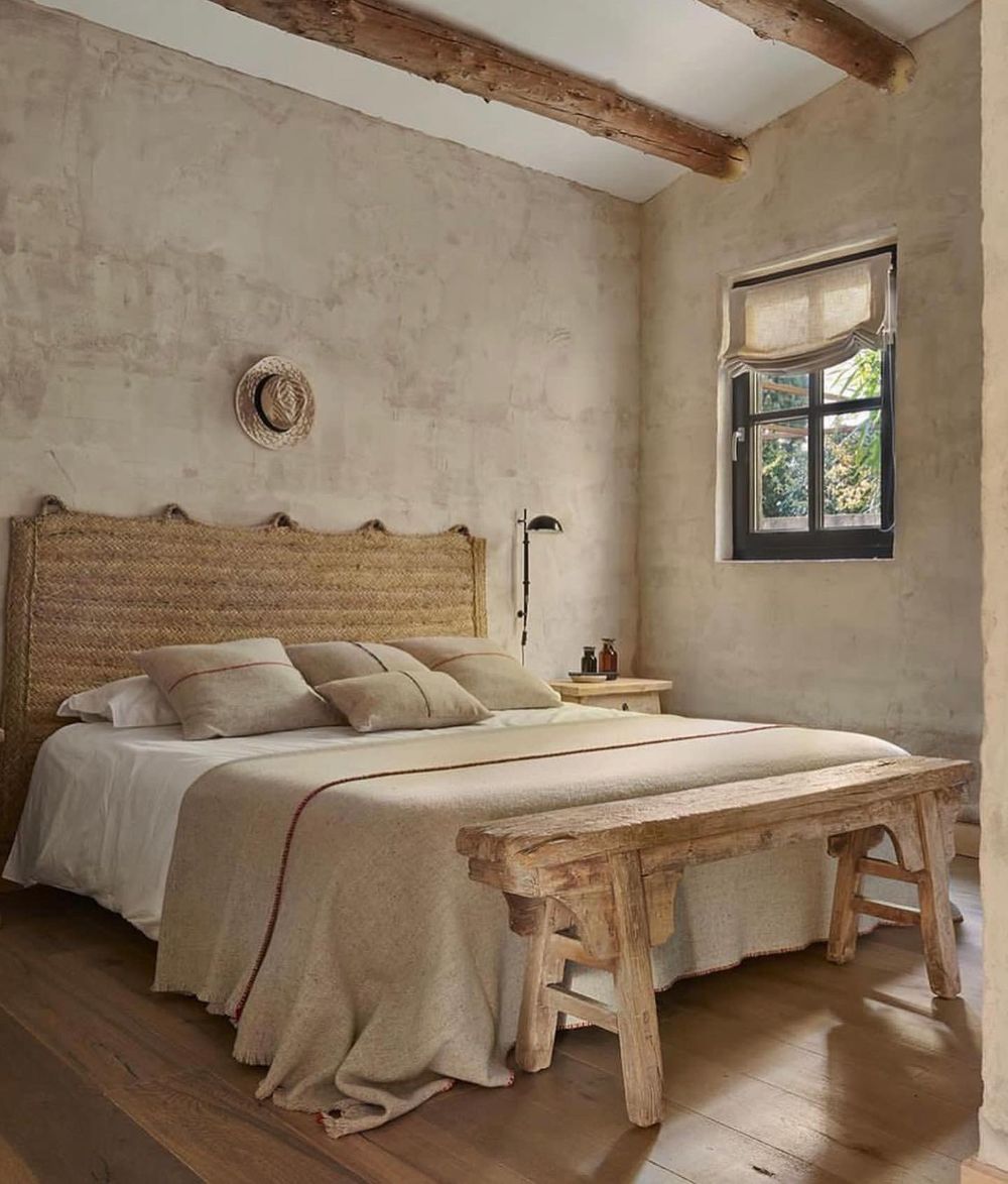 Mediterranean Bedroom Rustic wood bench @masplacalabuig