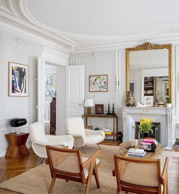 Parisian Haussmann Style Apartment living room marble fireplace verocotrel