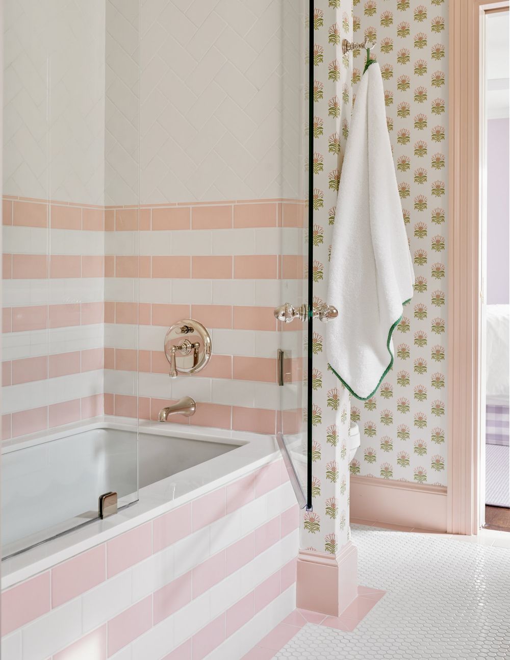 Pink Bathroom striped tile ideas jenkinsinteriors