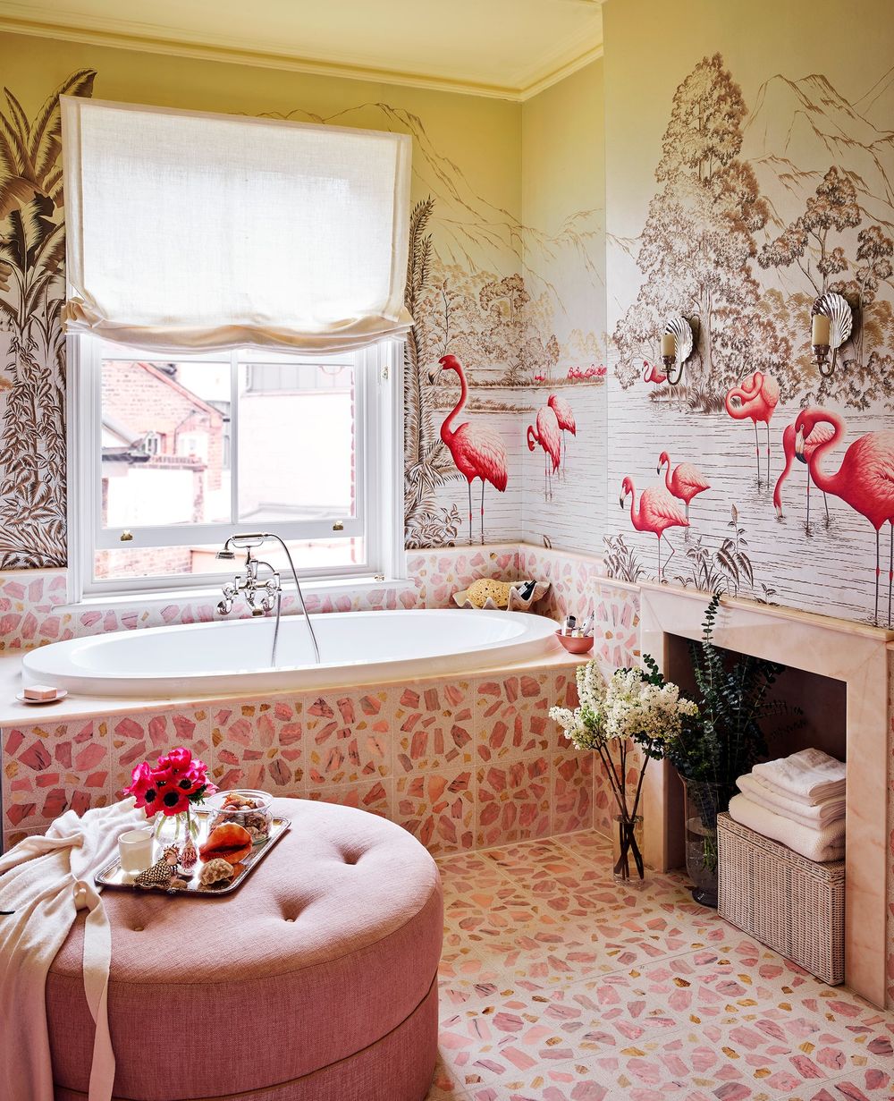 Pink bathroom design flamingo wallpaper Hannah Cecil Gurney