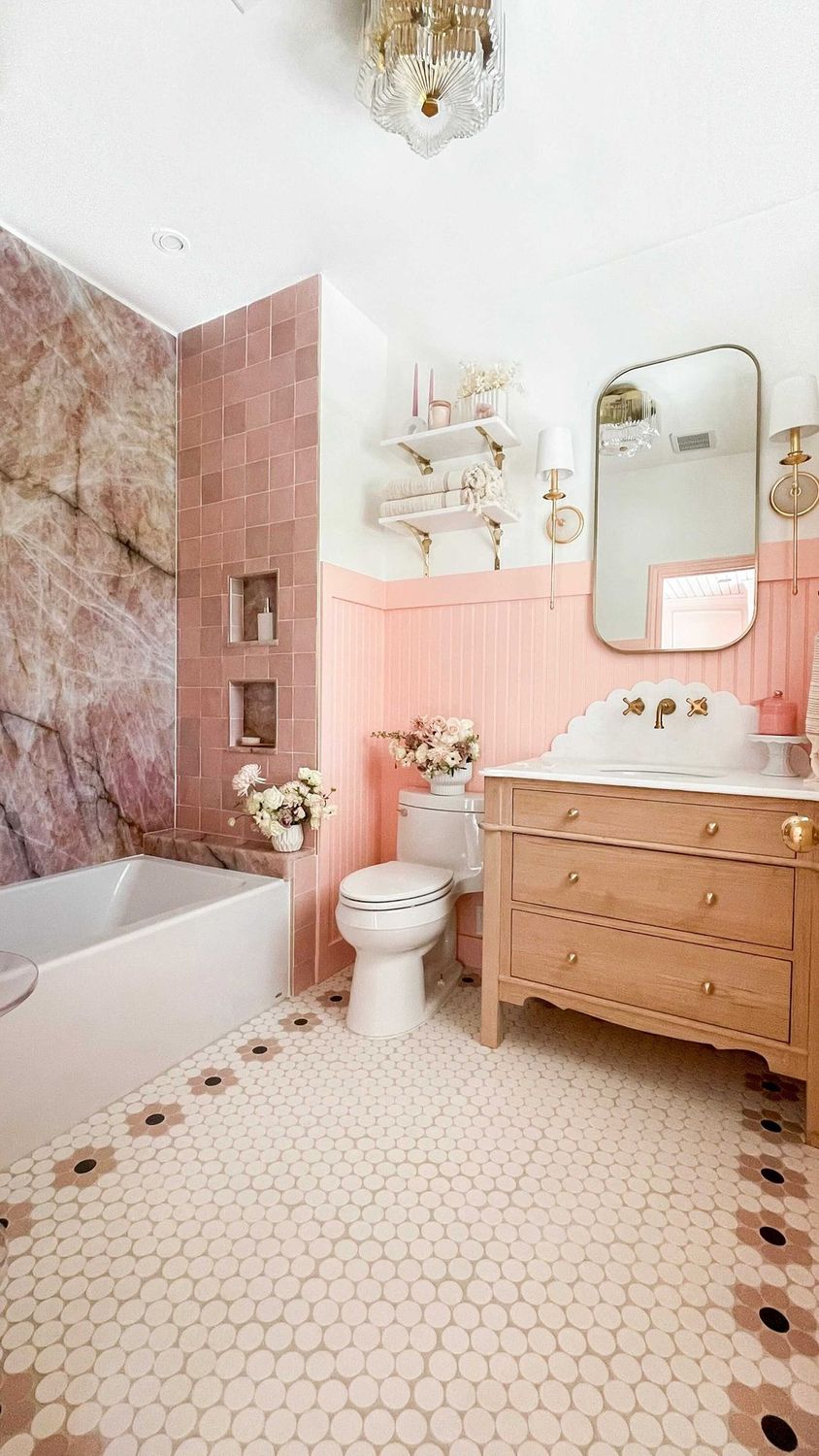 Pink bathroom design tile beadboard marble joyfullygreenhome